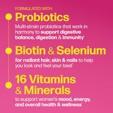 Woman drinking water with a green text box about vitamins and minerals on a scenic background