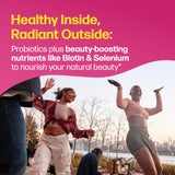Supplement with text about gut health, immune defense, and beauty support on a green and white background.