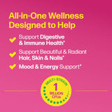 Probiotic gummies with a green label highlighting digestive and immune health benefits.