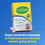 Culturelle immune defense probiotic packaging on a blue background with text about immune support.