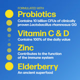 Product label with health benefits on a blue background