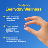 Hand holding a supplement with text about everyday wellness on a blue background