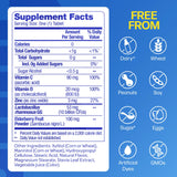 Supplement facts label with free-from icons on a blue background