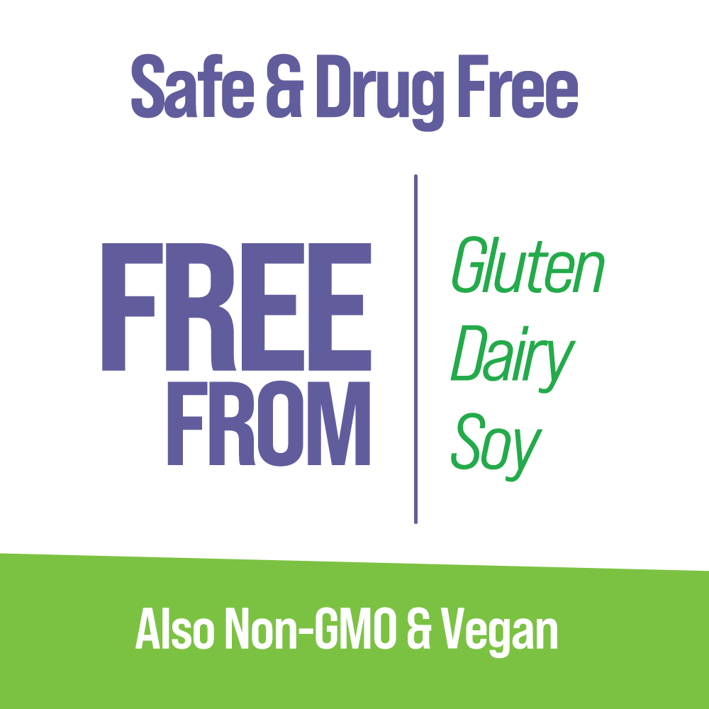safe & drug free. Free from gluten, dairy, and soy. Also non-GMO & vegan