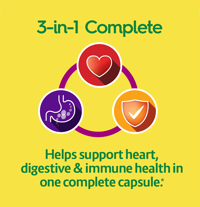 3-in-1 Complete helps support heart, digestive & immune health in one complete capsule