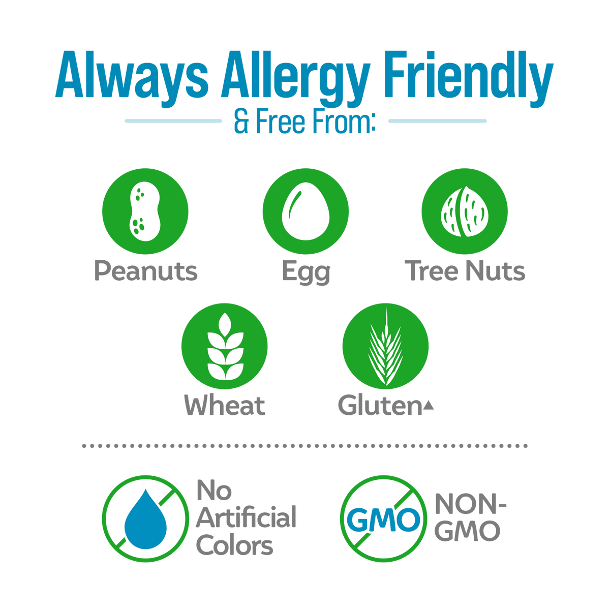 always allergy friendly and free from, peanuts, egg, tree nuts, wheat and gluten. No artificial colors and non-GMO