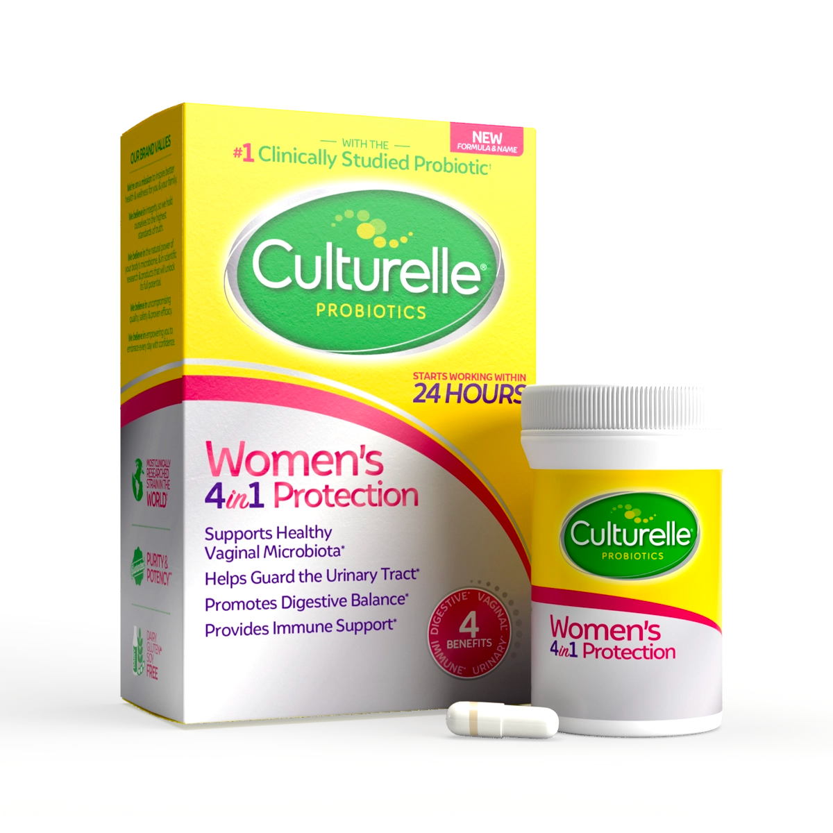 Women's 4-in-1 packaging front next to pill