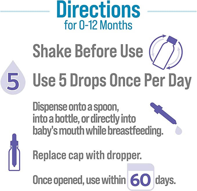 Directions for 0-12 months. Shake before use. Use 5 drops once per day. Dispense onto a spoon, into a bottle, or directly into baby's mouth while breastfeeding. Replace cap with dropped. Once opened, use within 60 days.